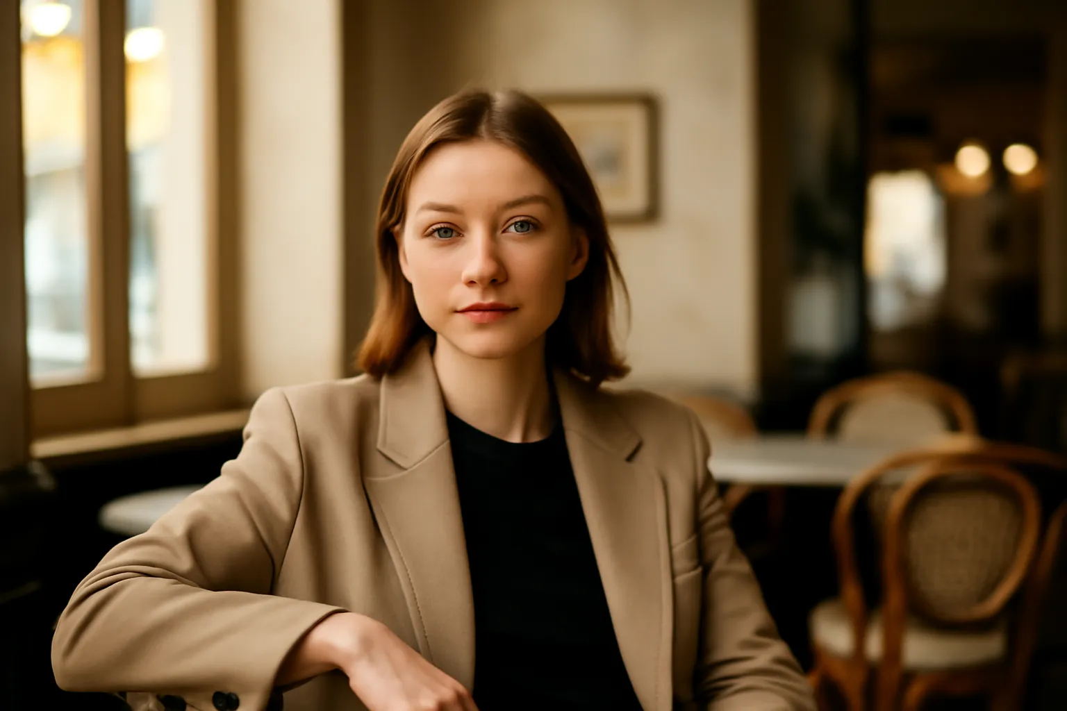 An elegant Russian woman in her thirties seated in a bright European café, looking at the camera with a calm expression