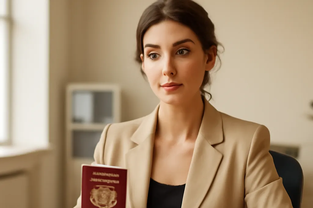 An elegant woman reviewing official Russian citizenship documents at a bright government office desk