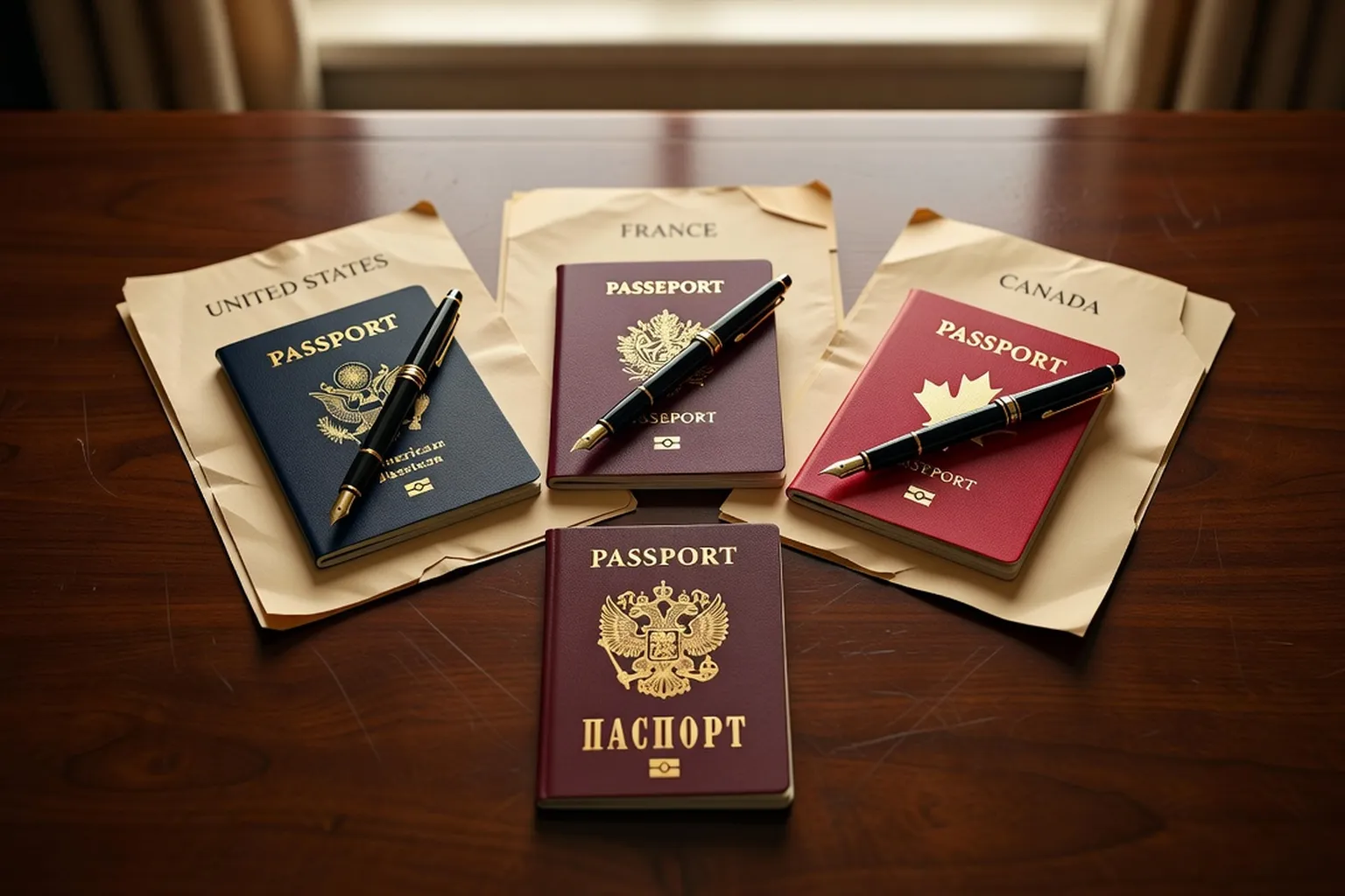 Three passports and visa documents arranged on a desk representing the USA, France, and Canada immigration routes for a Russian fiancée