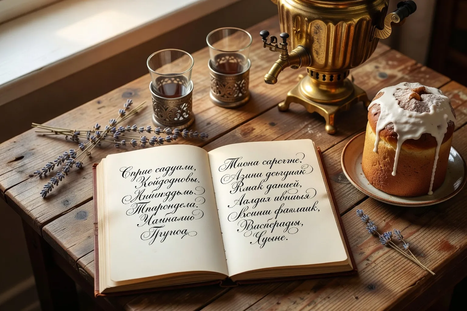Open notebook with handwritten Russian Cyrillic words on a wooden table next to a samovar and a slice of kulich, representing the Russian cultural glossary for international husbands