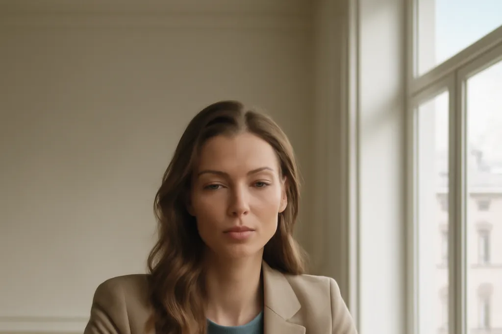 An elegant woman in her thirties reviewing documents at a bright table in a Moscow apartment