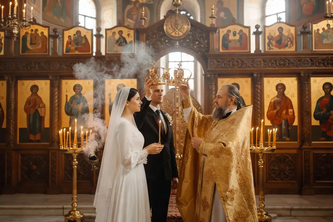 Orthodox Russian wedding ceremony with priest and golden crowns 2026