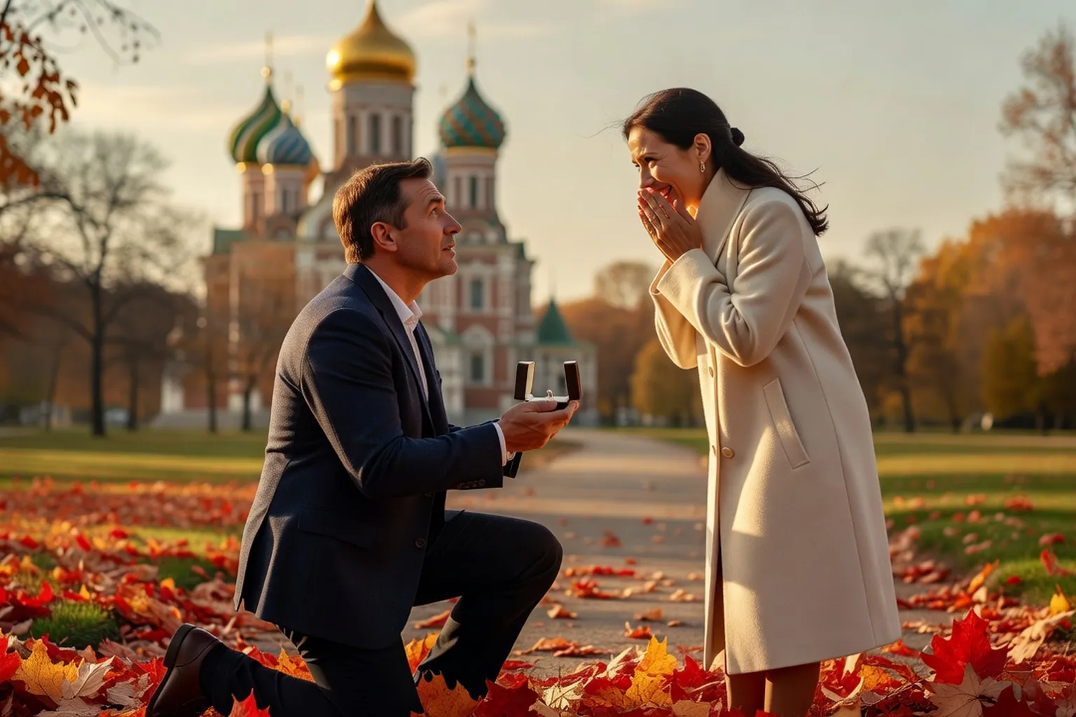 Couple embracing during marriage proposal in snowy Saint Petersburg park at sunset, engagement ring visible