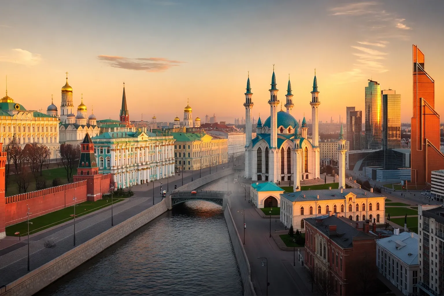Collage of Russian city skylines including Moscow, Saint Petersburg, Kazan, and Yekaterinburg representing matrimonial destinations for Western men in 2026