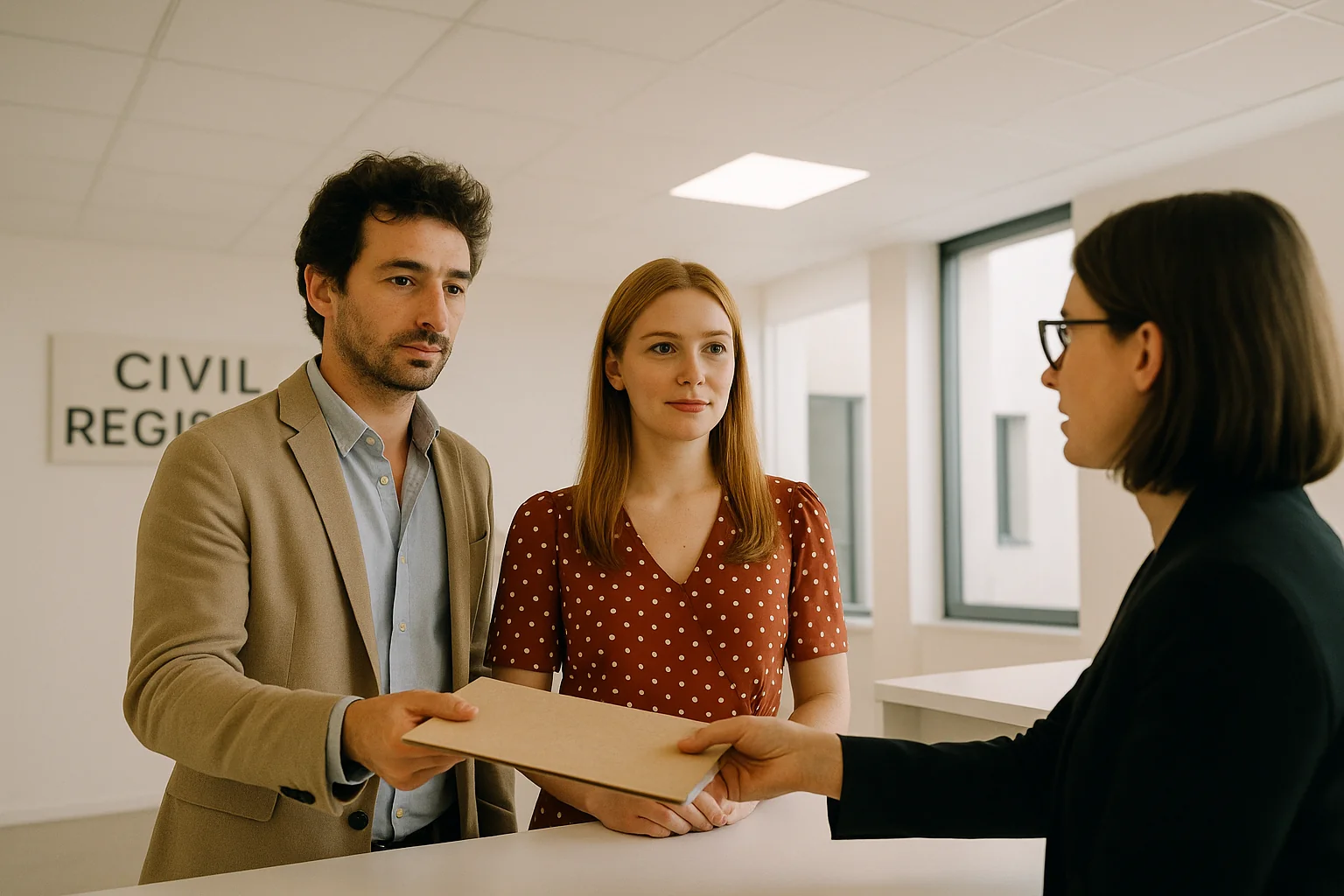 A smiling international couple submitting a stack of apostilled marriage documents at a civil registry counter
