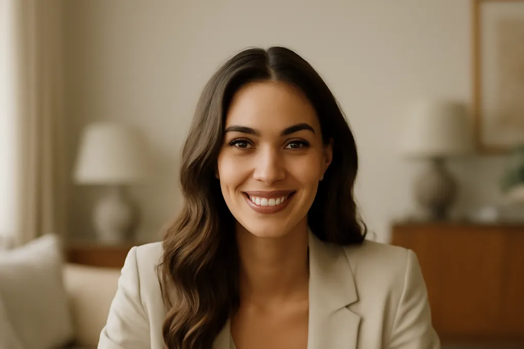 An elegant woman smiling during a video call on a laptop in a bright, credible home setting