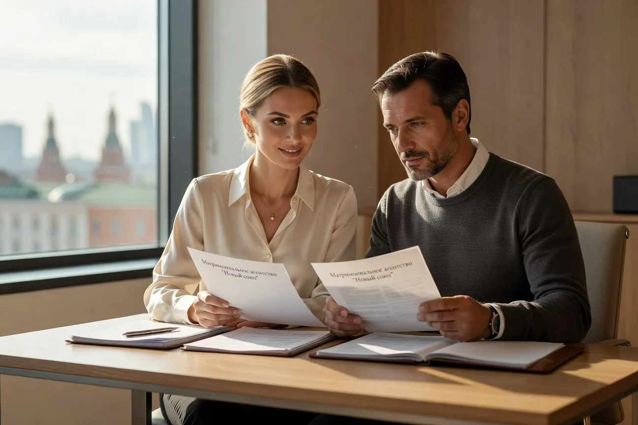 Pareja hispano-rusa firmando contrato en agencia matrimonial en Moscu