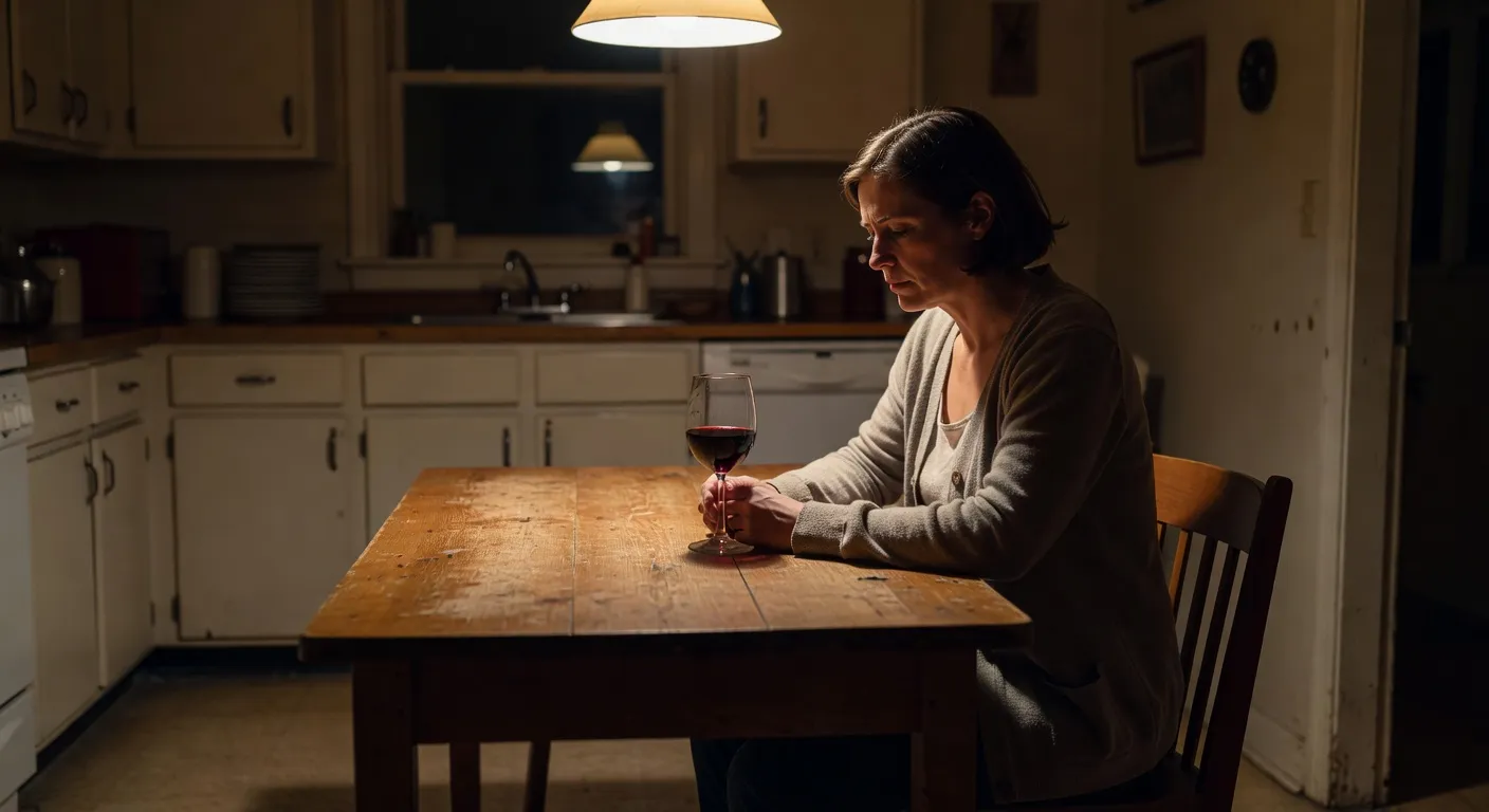 Woman contemplating alone at a kitchen table