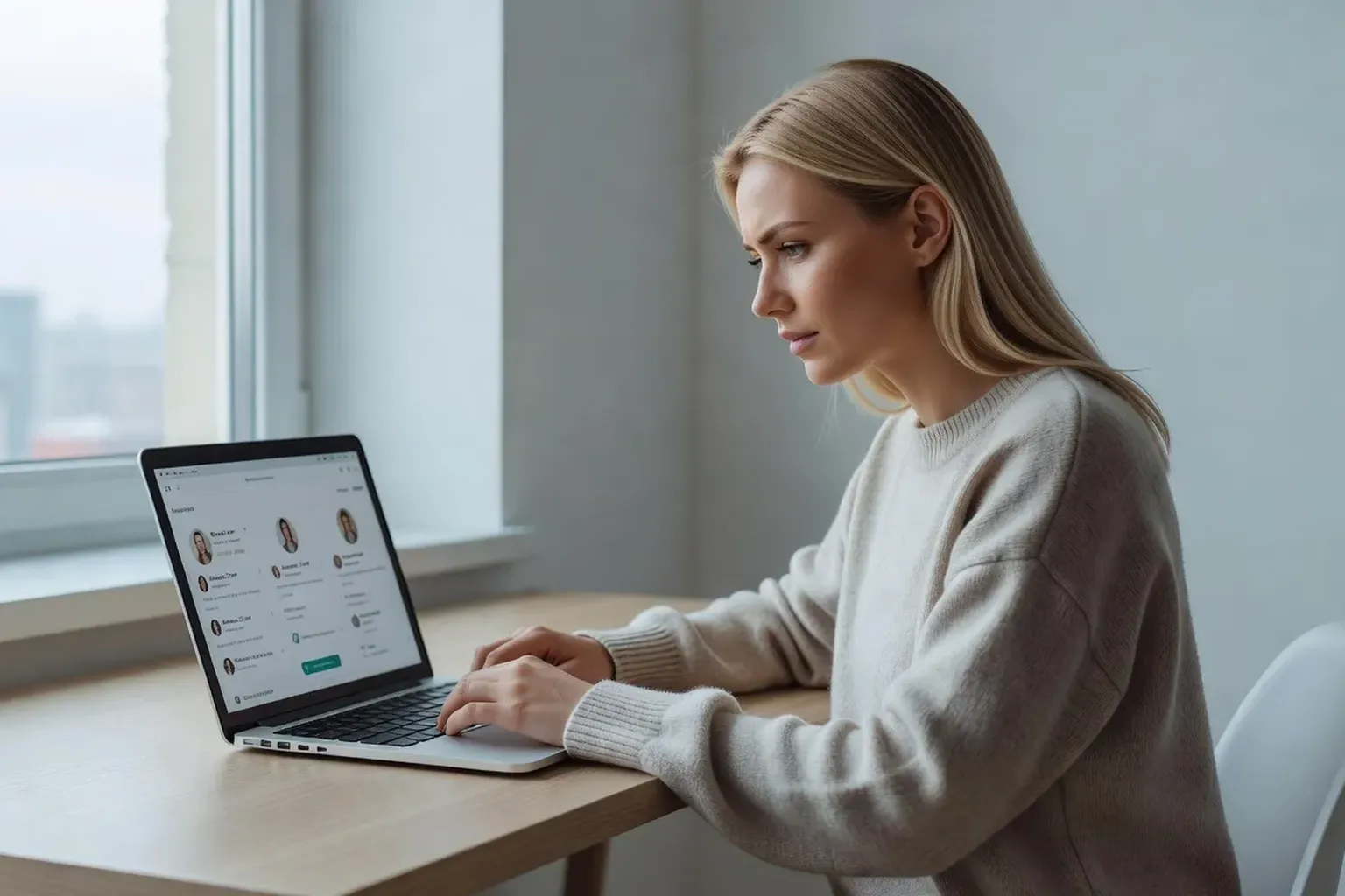 Russian woman browsing dating app on laptop at home