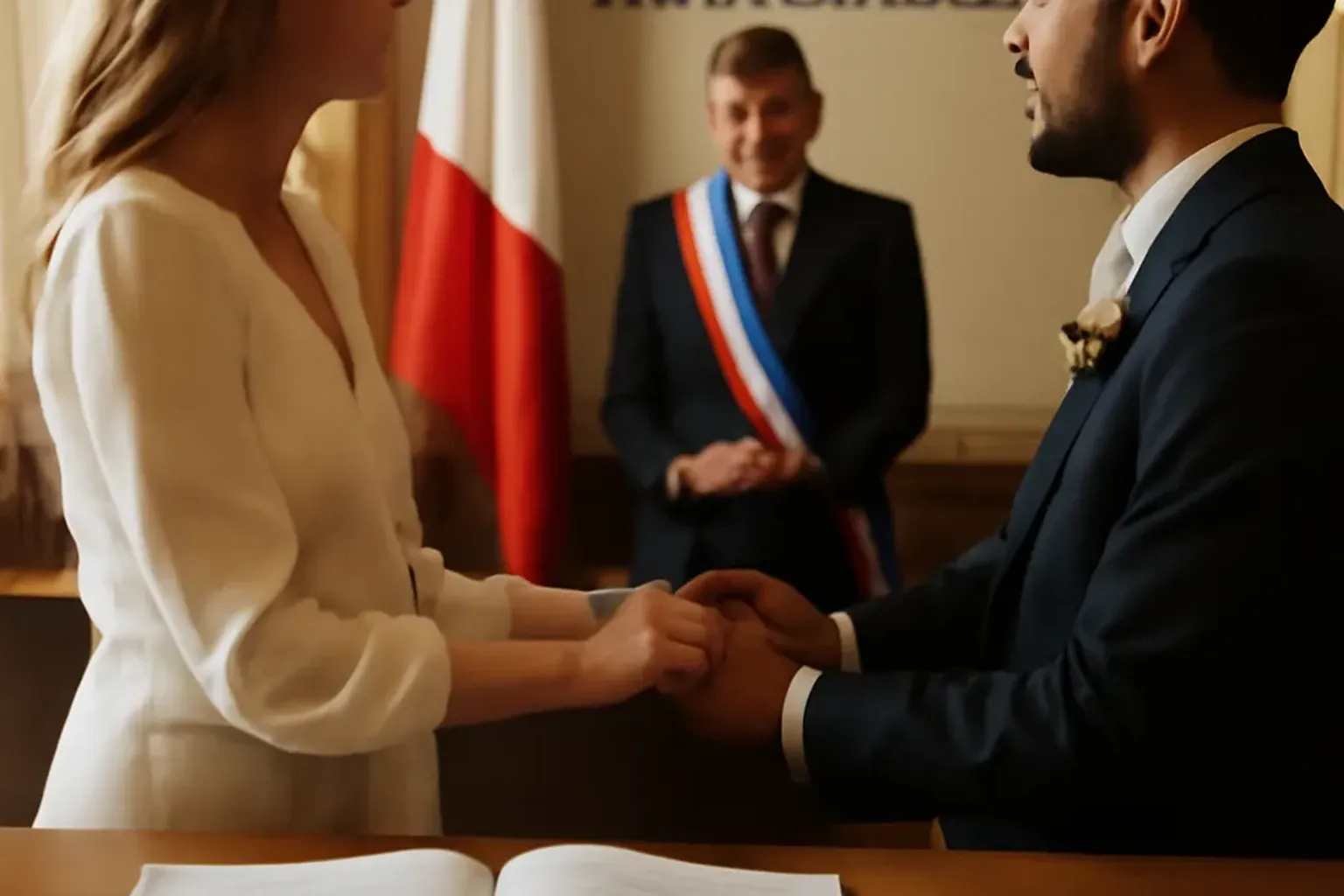 Intercultural civil marriage ceremony at French town hall