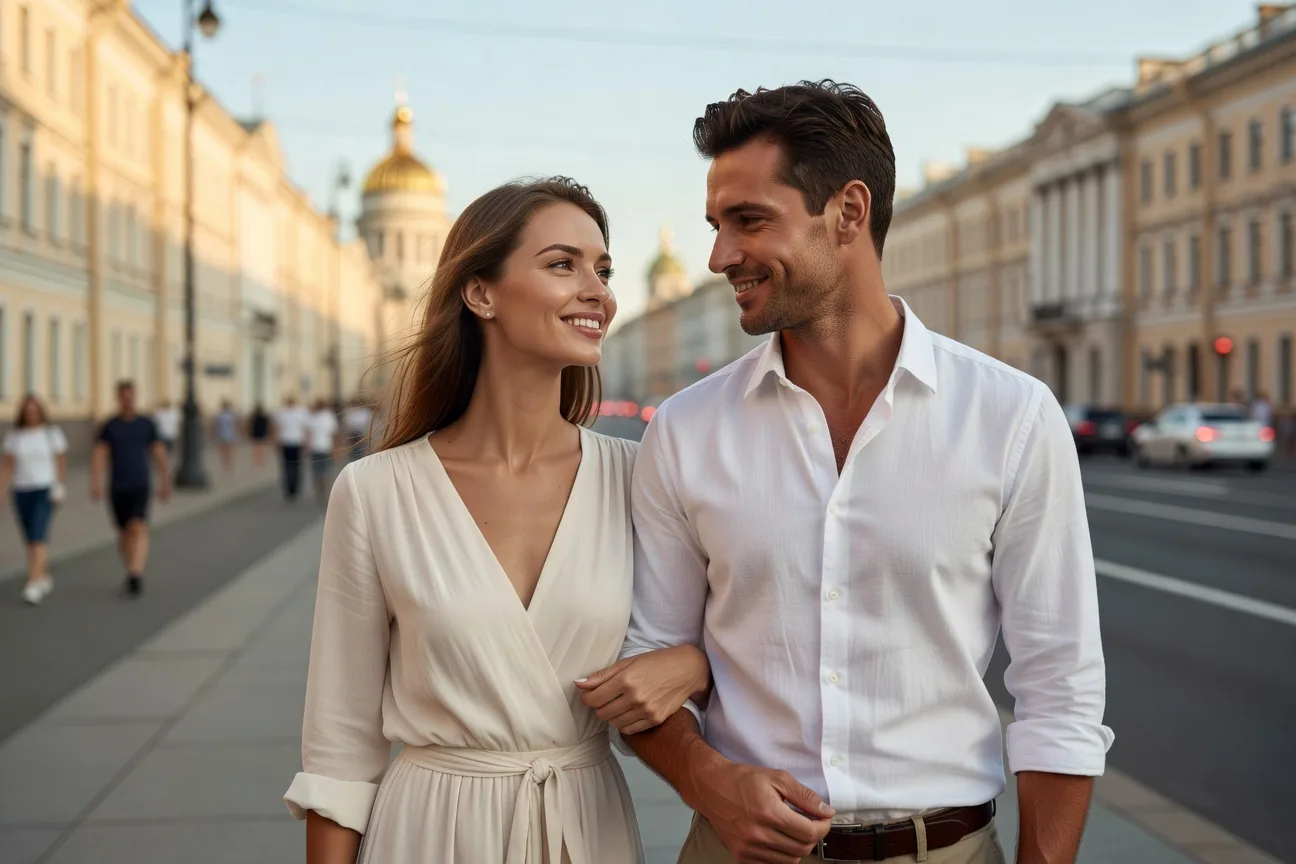 Mujer rusa y hombre espanol caminando por la Avenida Nevsky en San Petersburgo 2026