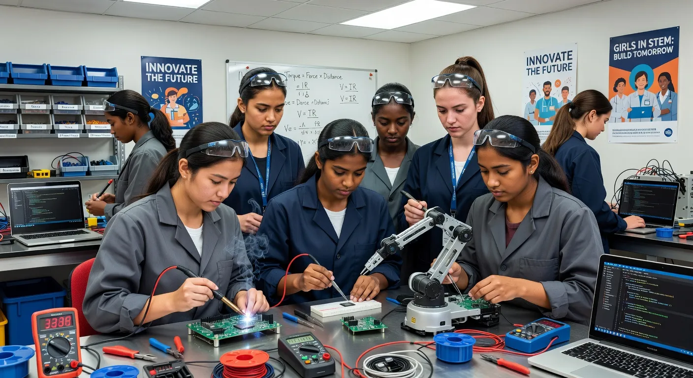 Young women working on robotics in STEM workshop