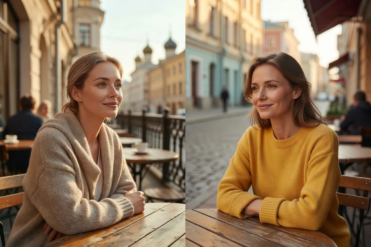 Mujer rusa en la Plaza Roja de Moscu y mujer ucraniana en la Plaza Sofia de Kyiv comparacion cultural