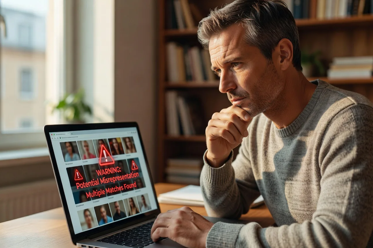 Western man checking reverse image search on suspected fake Russian bride profile