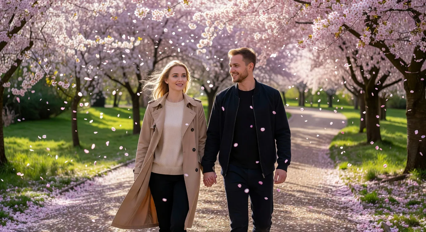 Couple walking in park with cherry blossoms