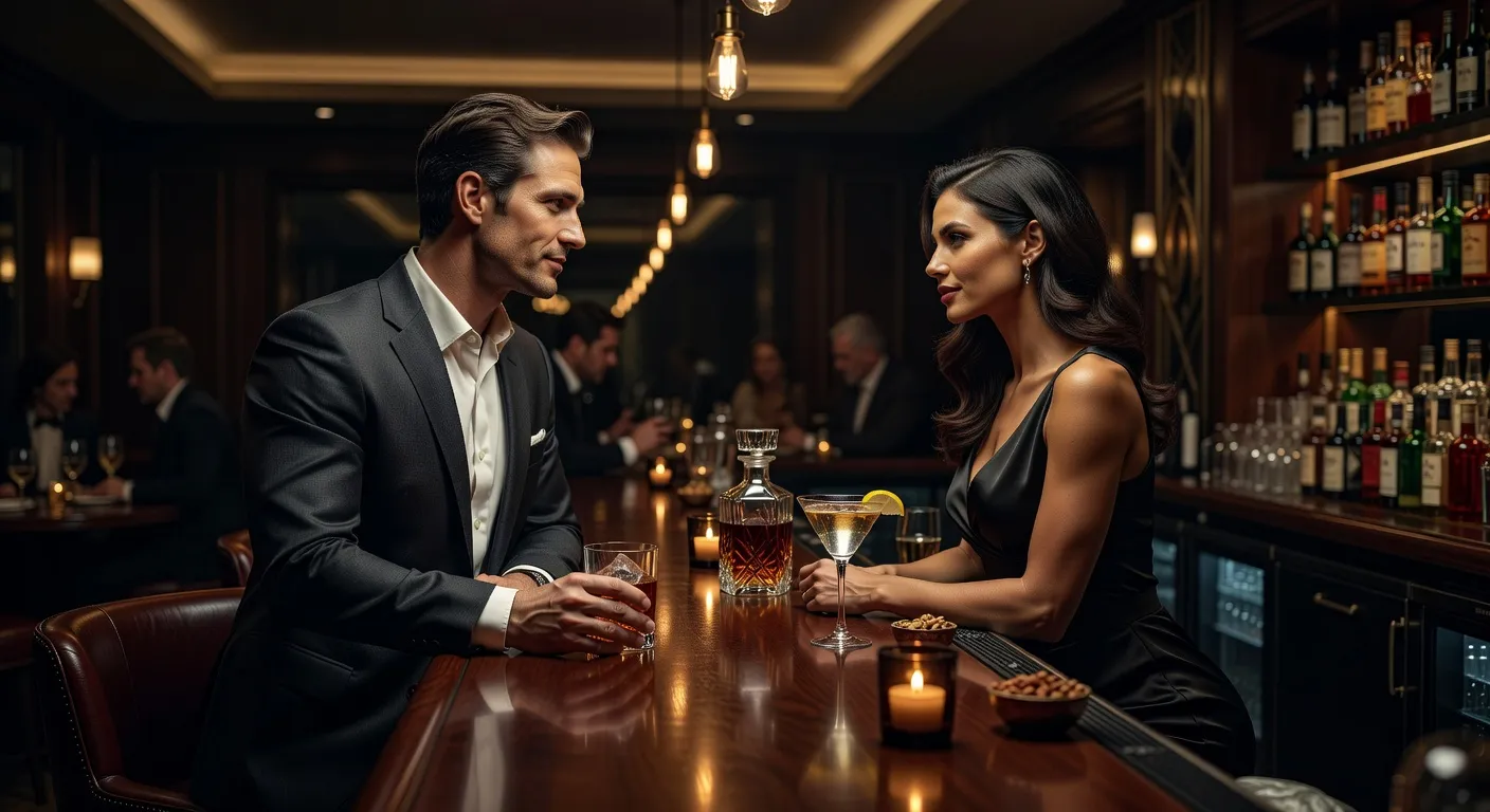 Man and woman exchanging glances at a cocktail bar