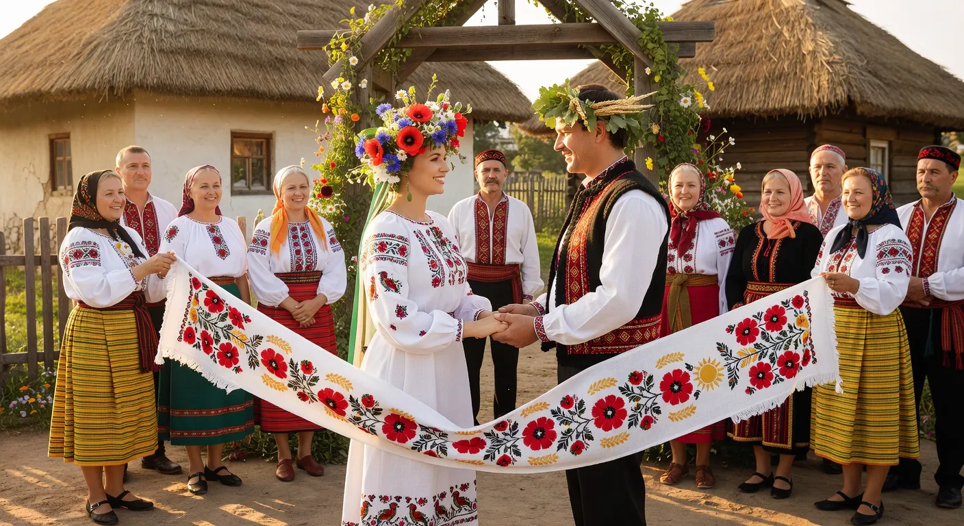 Traditional Ukrainian wedding with embroidered towels