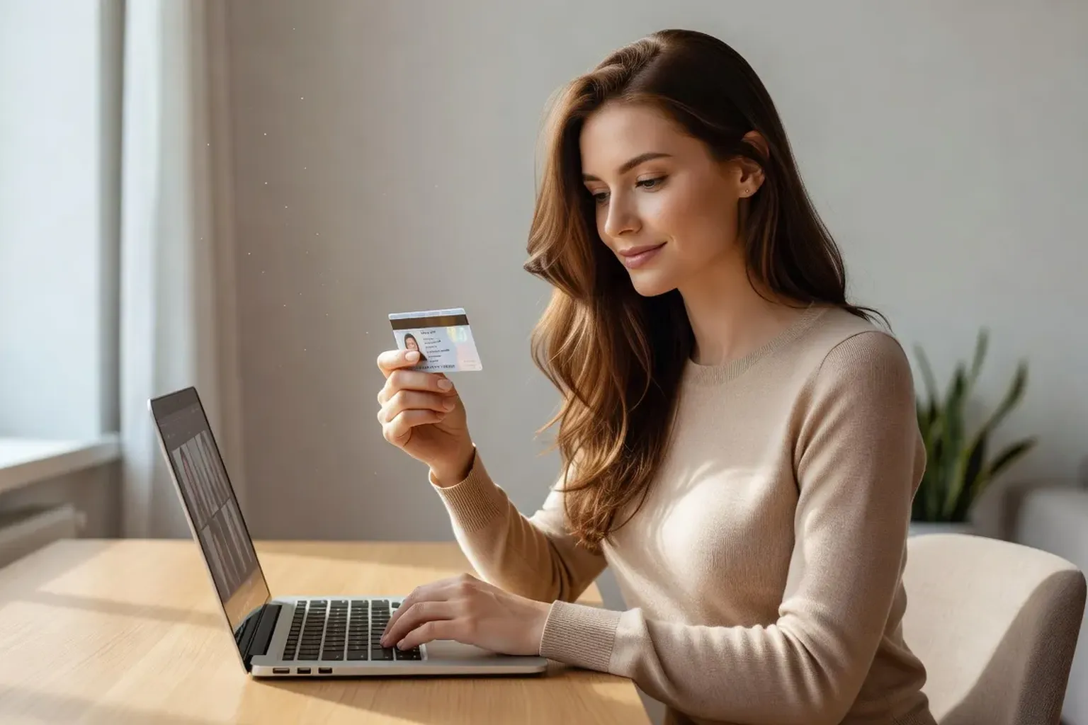 Russian woman on video call holding ID for profile verification