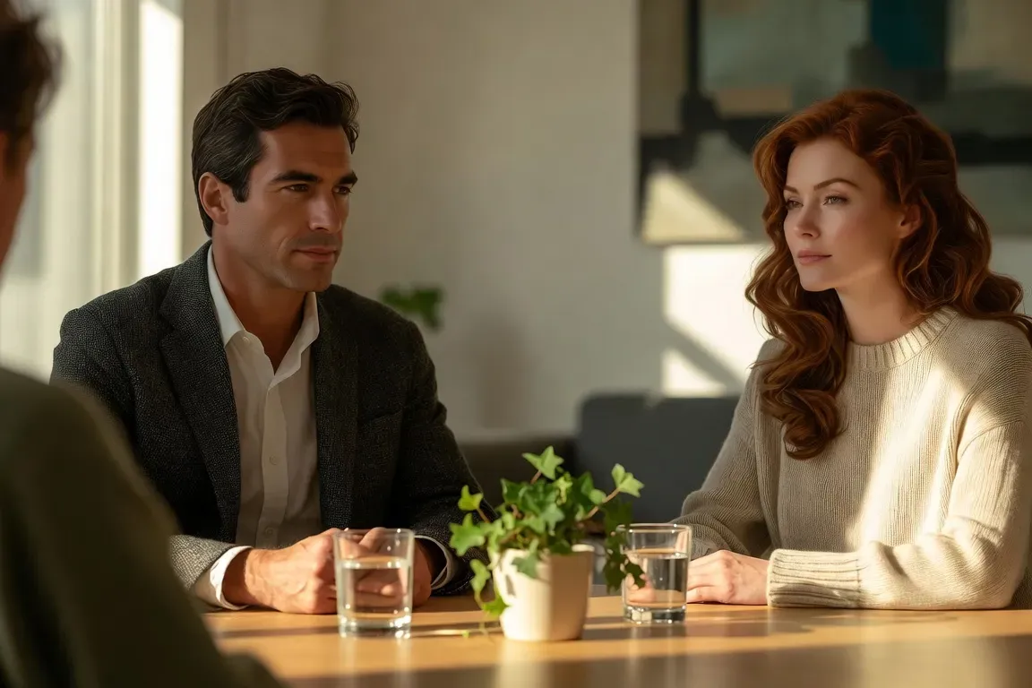 Two people in a calm discussion across a therapy table, afternoon light