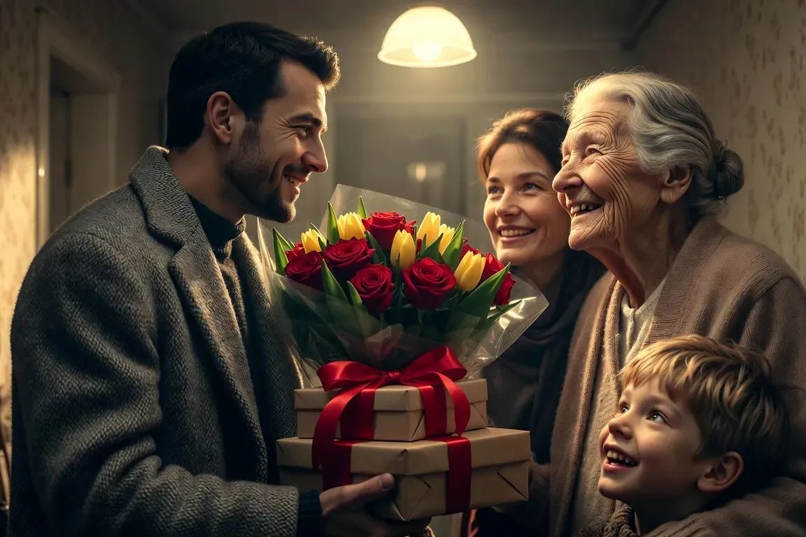 A man presenting flowers to an older Russian woman at her doorstep