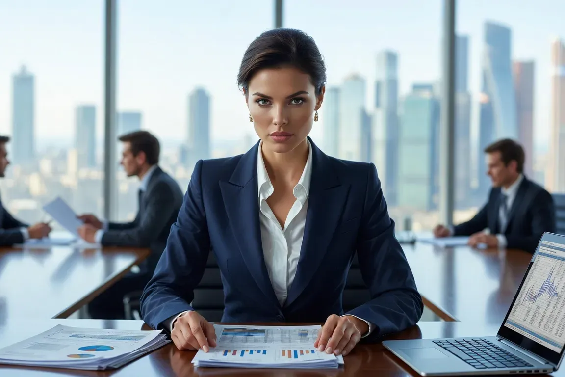 Russian woman entrepreneur reviewing business reports at modern workspace with natural light
