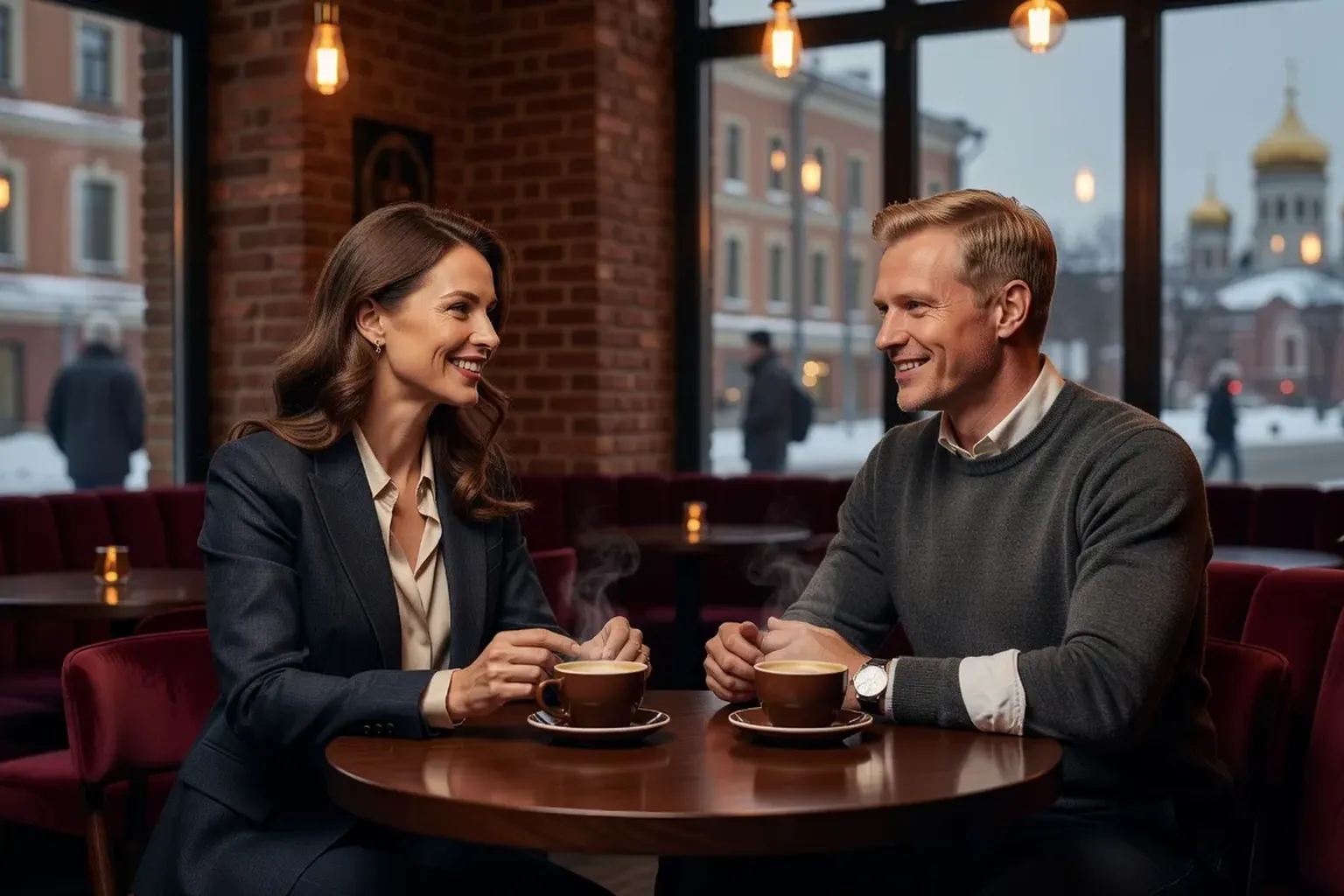 Russian-Western intercultural couple in Moscow cafe