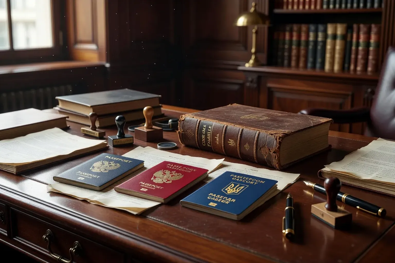 Lawyer desk with French Russian Ukrainian passports and family law book