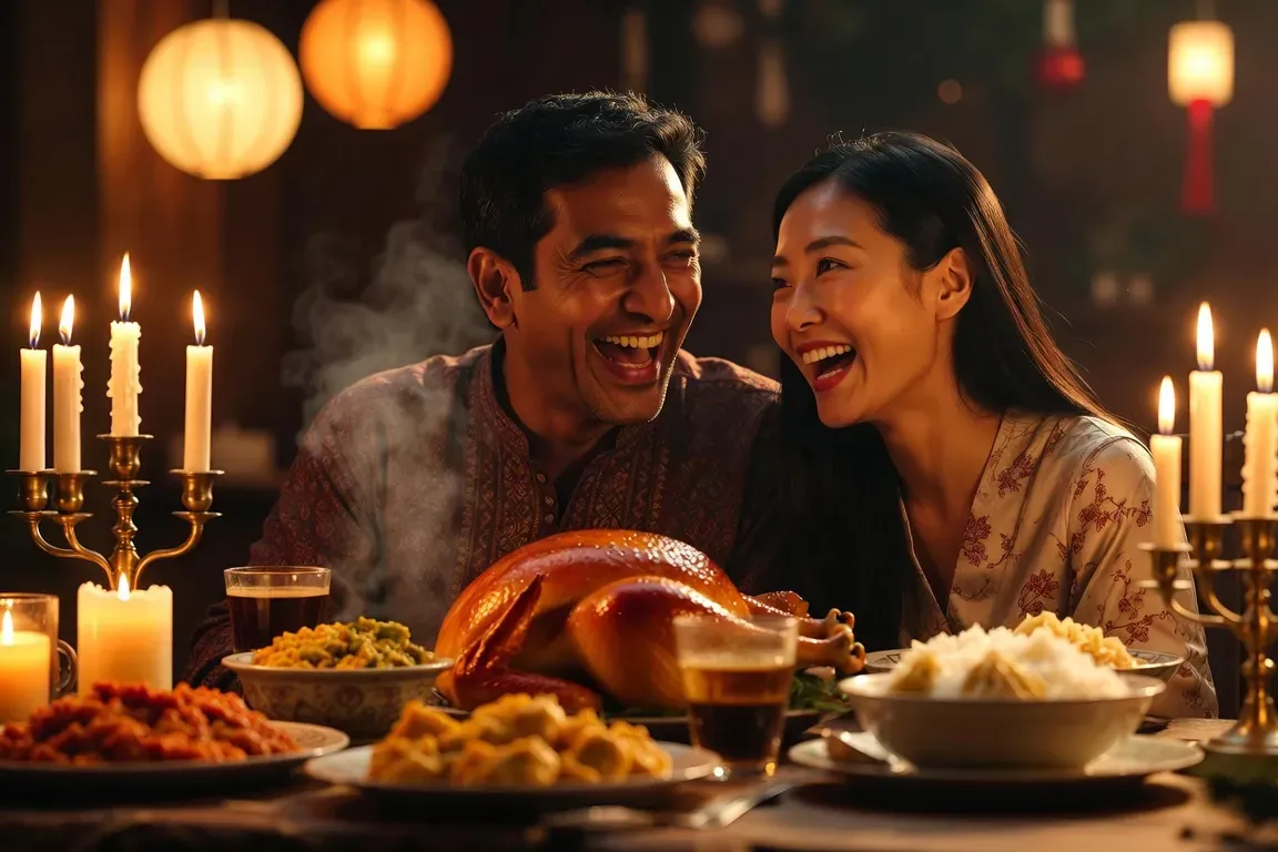 A couple celebrating a festive meal together, candles and warmth