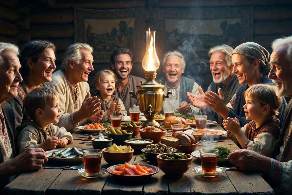 Grandfather raising a toast at the Russian family table with family gathering around
