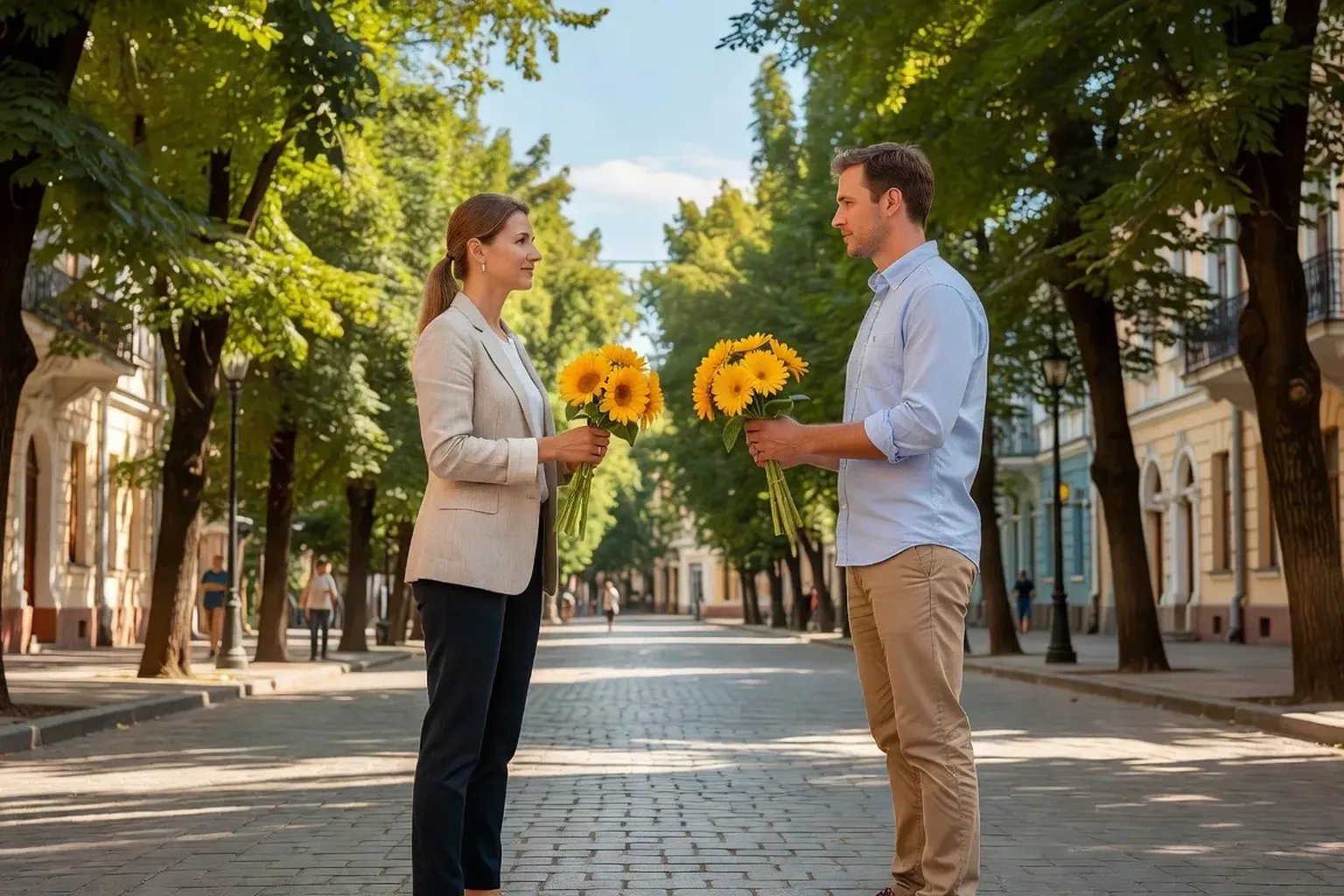 Ukrainian-Western intercultural couple meeting on Odessa boulevard