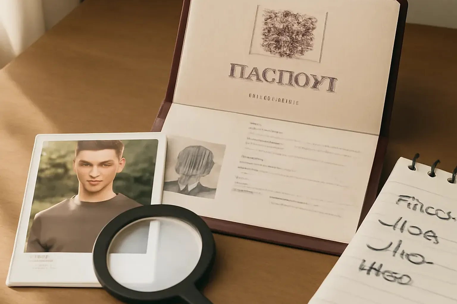 Russian passport with verification notes and dating profile printout