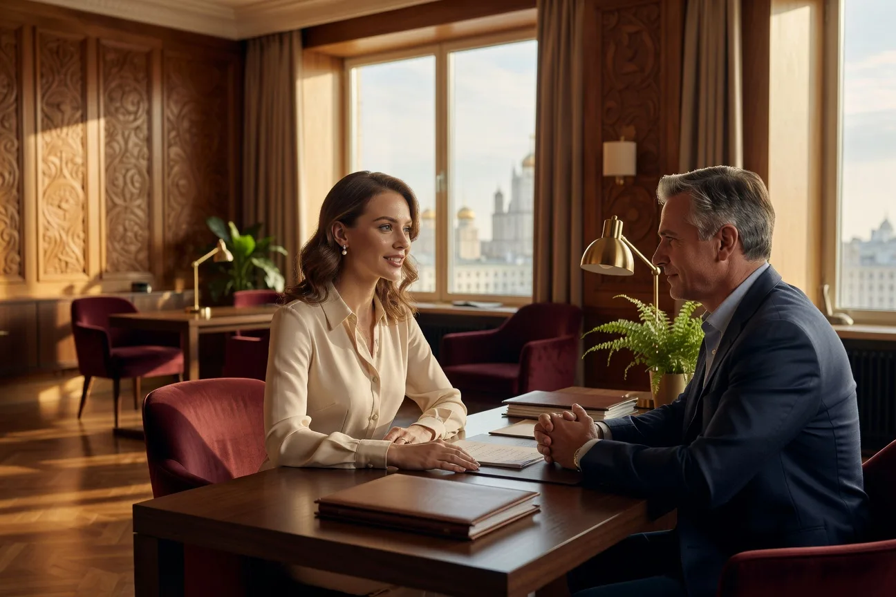 Офис брачного агентства в Москве 2026: консультант встречается с западным мужчиной и русской невестой