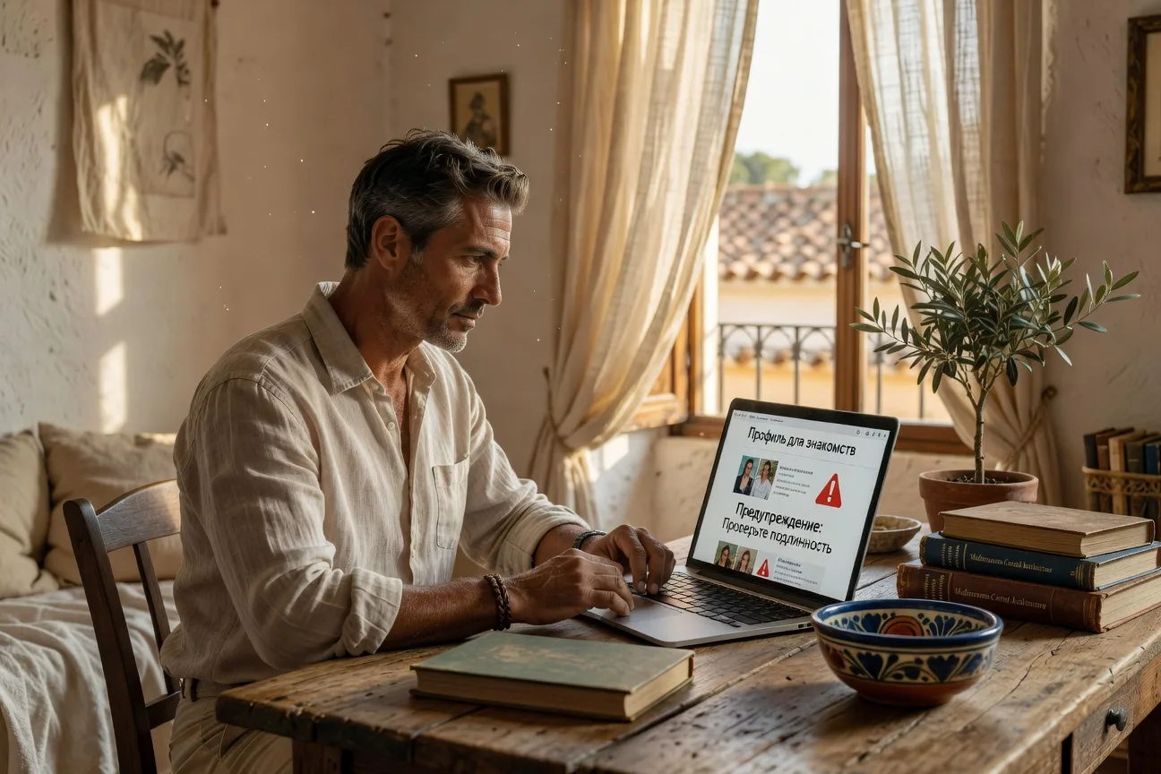 Pantalla de ordenador con senales de alerta de estafas de novias rusas 2026