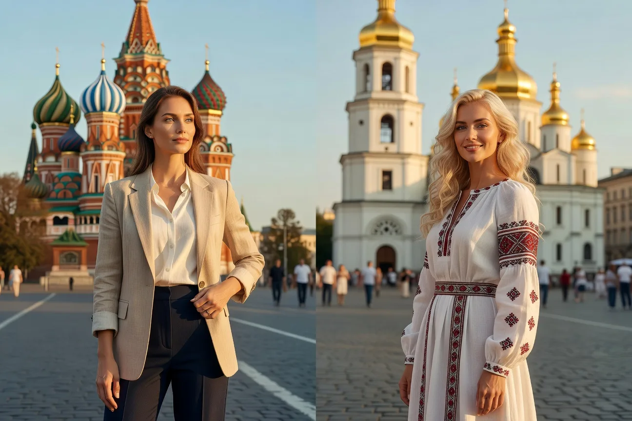 Femmes russe et ukrainienne cote a cote en tenue estivale traditionnelle Moscou Kyiv 2026