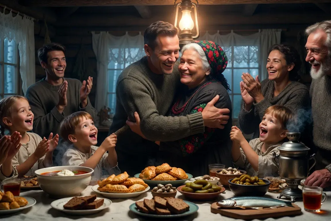 Western man welcomed by a Russian family at a traditional dinner