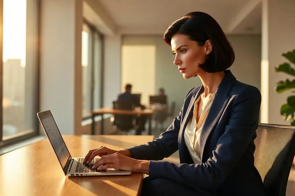 Confident Russian woman entrepreneur at her laptop in a modern office