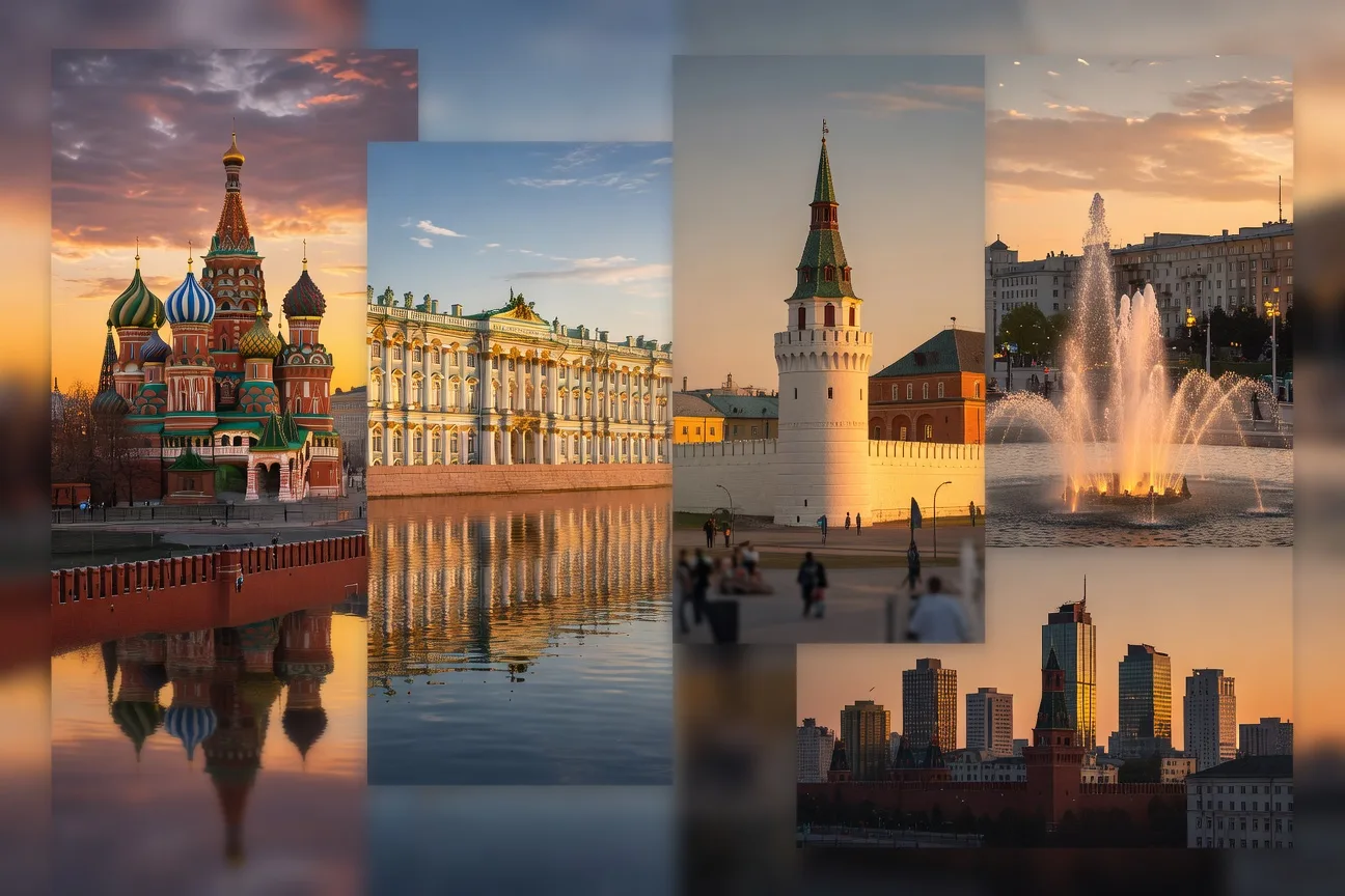 Коллаж 10 городов России Москва Санкт-Петербург Казань Краснодар Екатеринбург для знакомств с иностранцами 2026