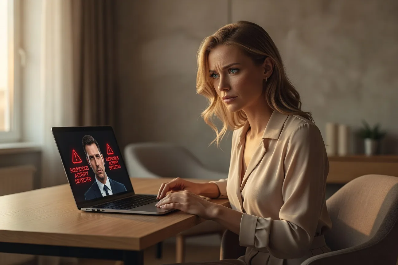 Экран компьютера с предупреждениями о мошенничестве в международных браках 2026