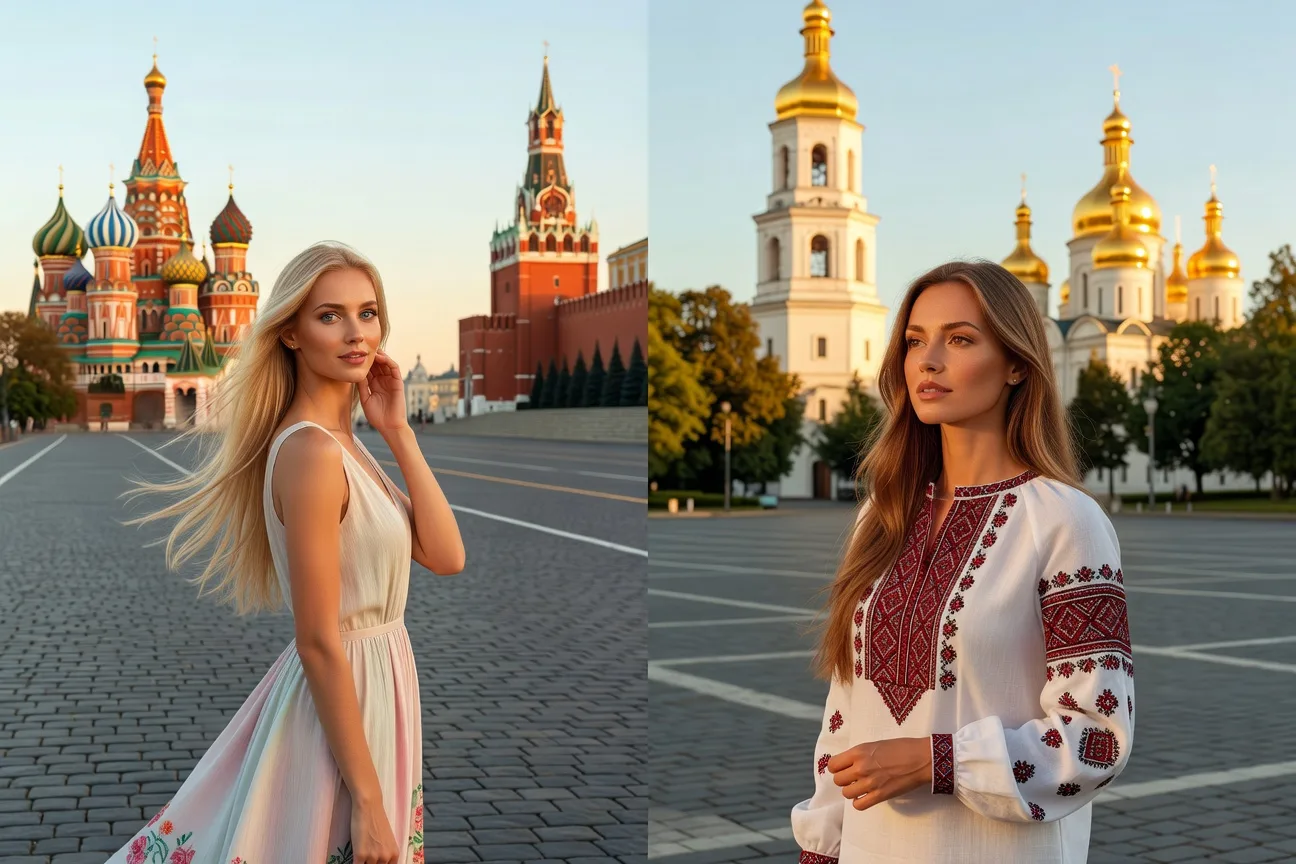 Russian and Ukrainian women side by side in traditional summer settings Moscow and Kyiv 2026