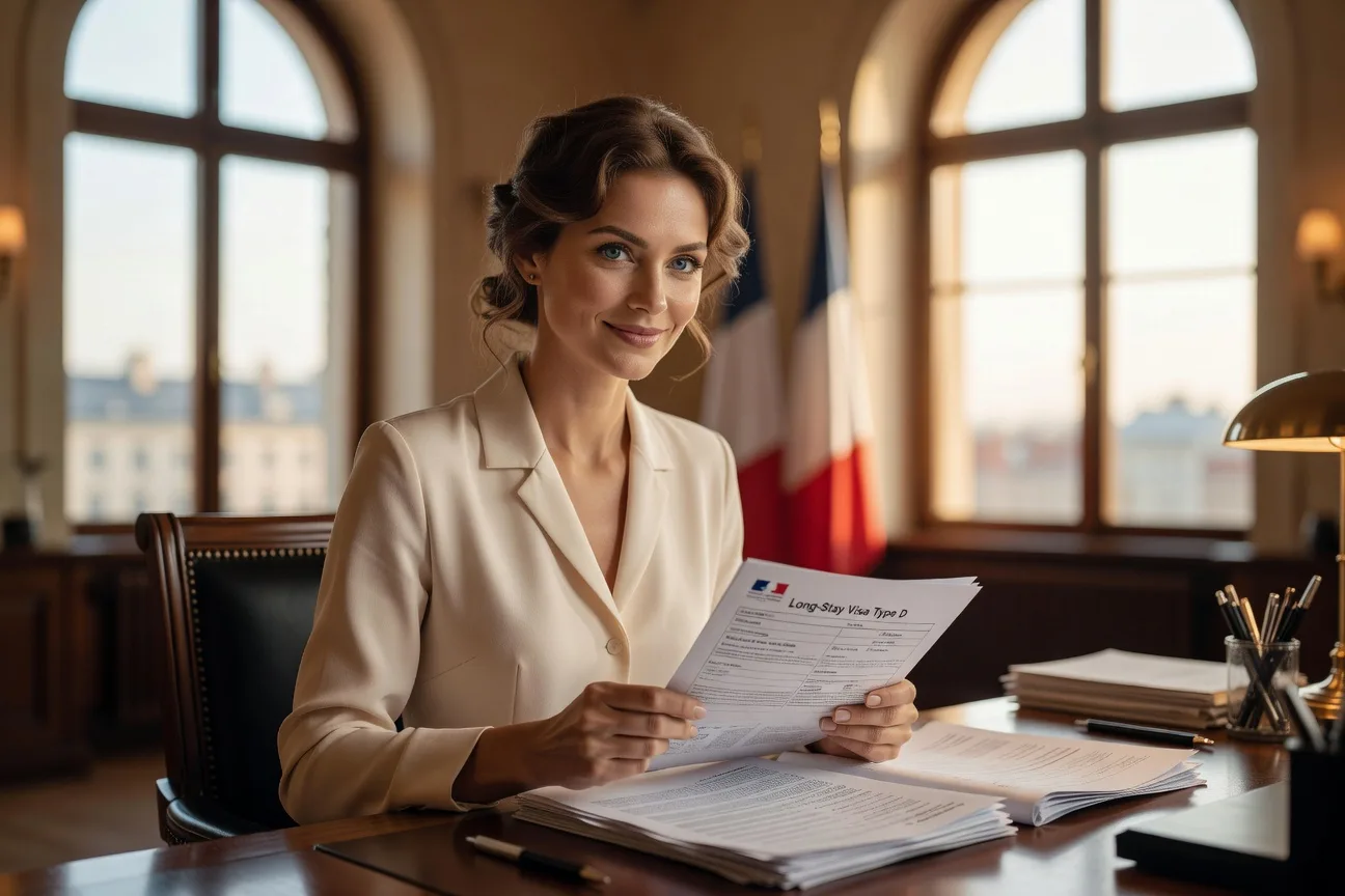 Dossier visa long sejour type D France avec passeport russe et drapeau francais 2026
