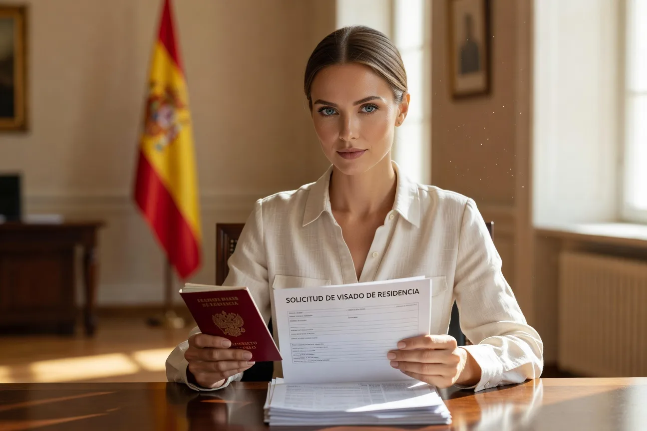 Documentos de visado de residencia por reagrupacion familiar con pasaporte ruso y bandera espanola 2026
